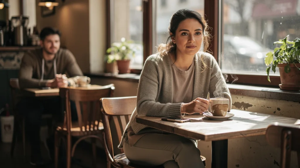 Jeune homme timide qui regarde une femme de façon discrète dans un café