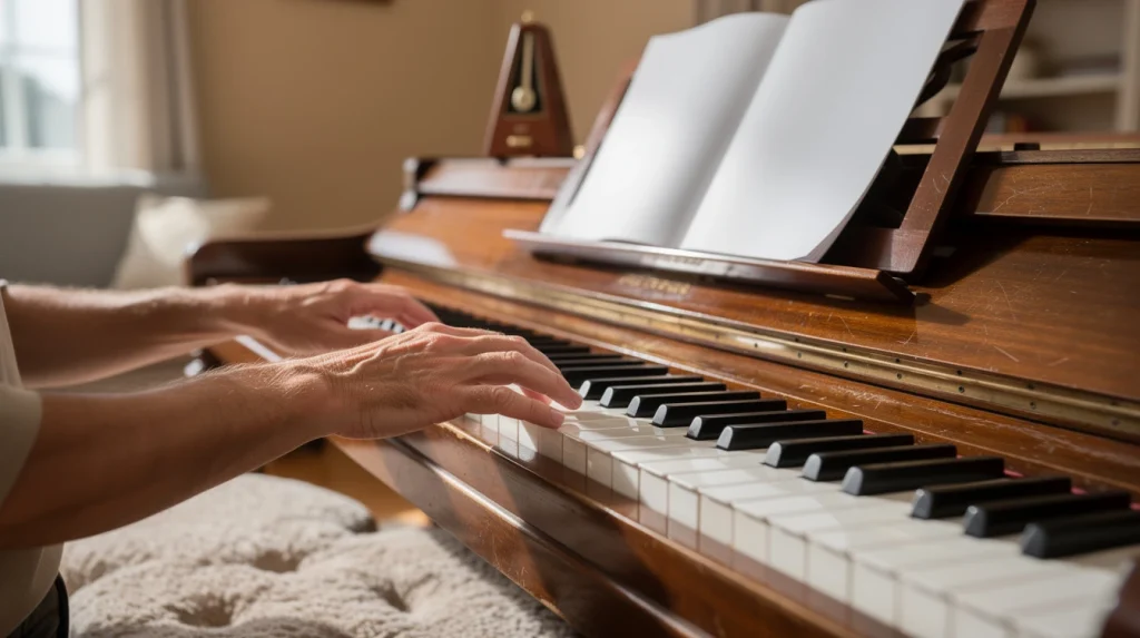 Mains de pianiste débutant posées sur les touches blanches et noires d'un piano numérique