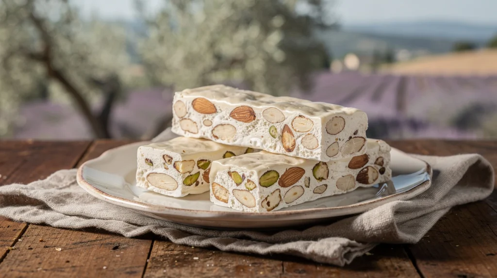 Plaques de nougat de Montélimar blanc parsemé d'amandes sur une table en bois