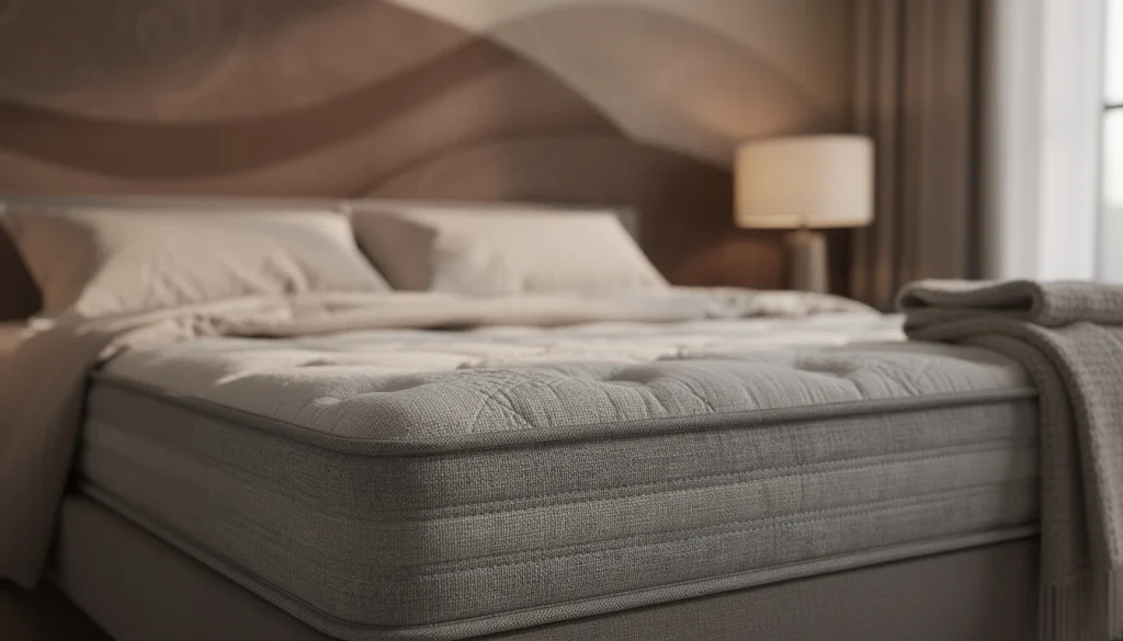 Lit fait avec un matelas épais et une couette claire, dans une chambre tamisée